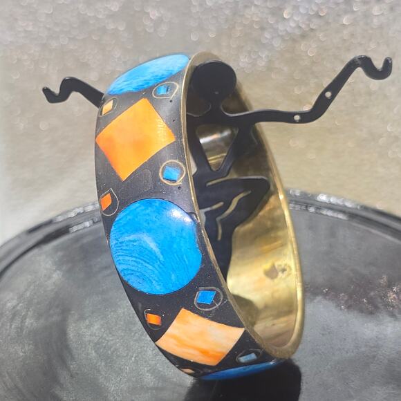 VTG MCM Atomic Cosmic 3/4” Brass Bangle BK OR & BL Bovine Bone Inlay SZ 8.75 - Picture 2 of 10